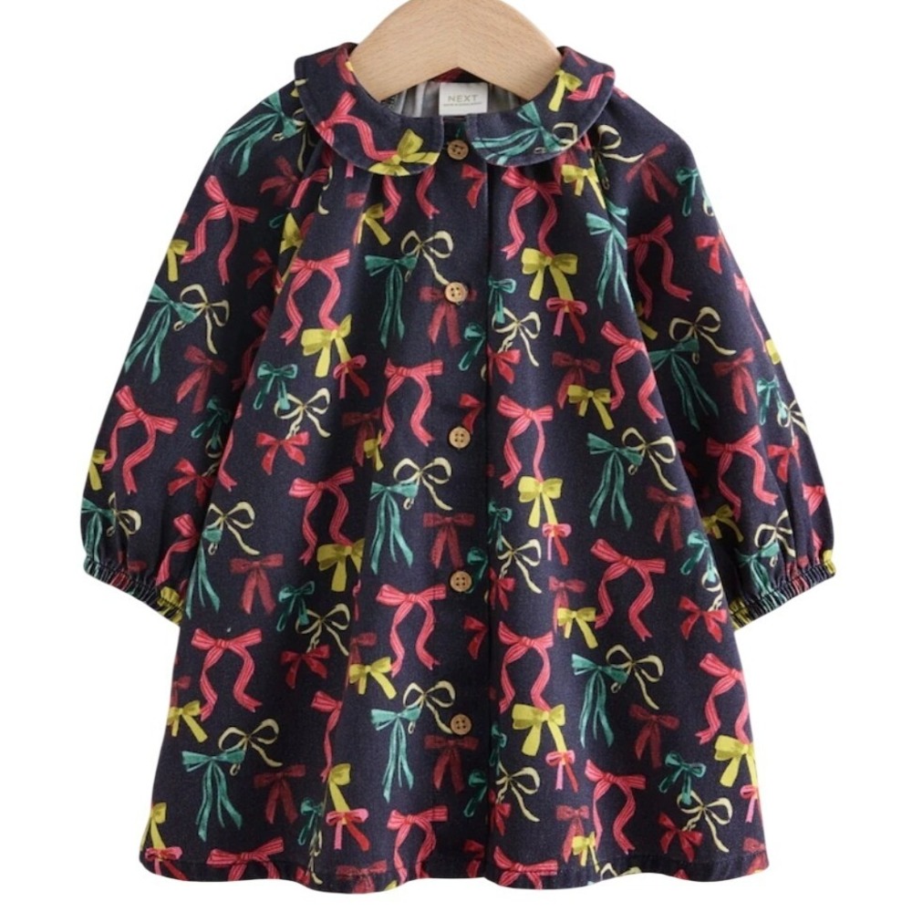 Next Kids Navy Bow Print Peter Pan Collar Cotton Button‎ Front Dress 2-3 Years